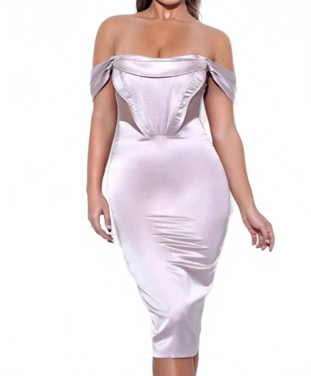 NEW MISS CIRCLE jasmine off shoulder corset satin dress in metallic purple